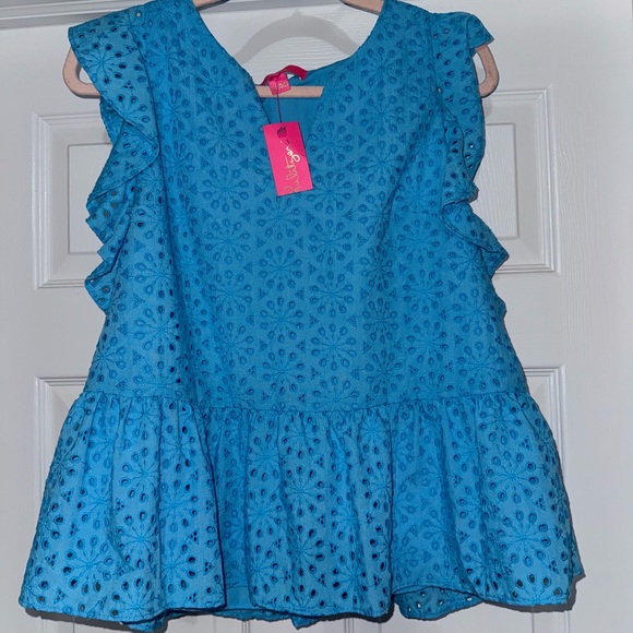 NWT Lilly Pulitzer Blue Eyelet Ruffle Top - Picture 1 of 1